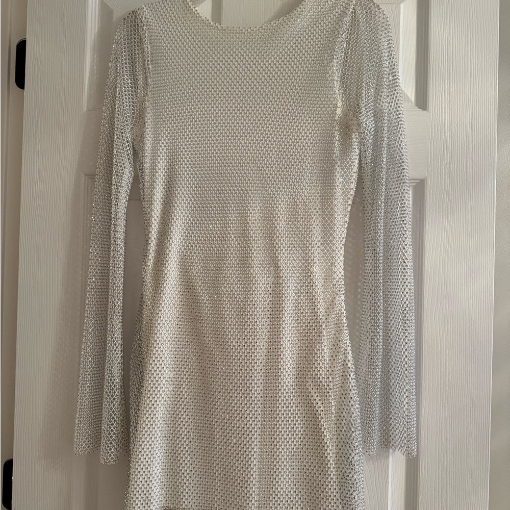 12th Tribe Anna White Rhinestone Mesh Long Sleeve Dress